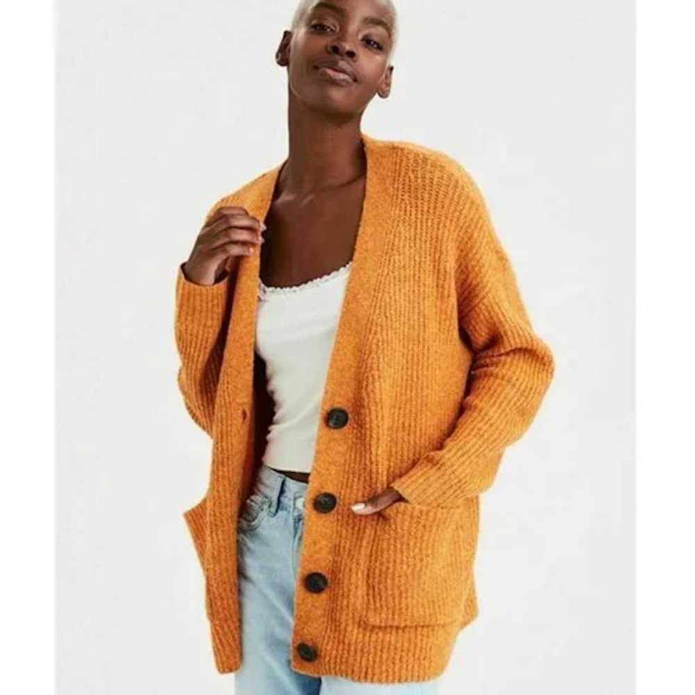 American Eagle Pumpkin Cardigan with Brown Buttons